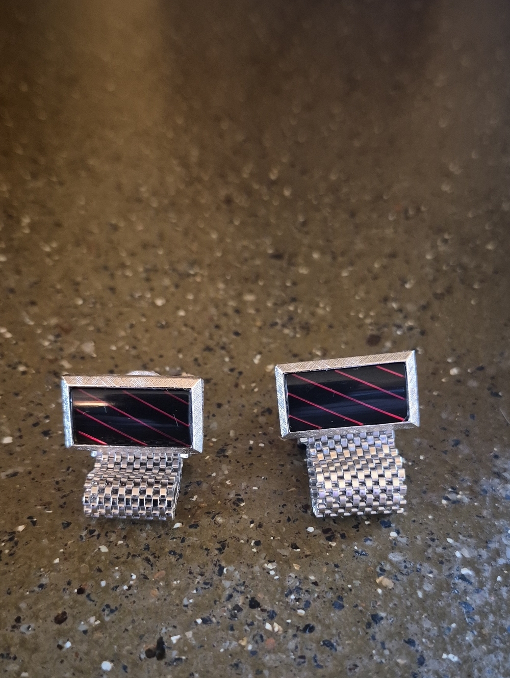 Vintage Silver-Tone Cufflinks with Black Enamel and Red Diagonal Stripes